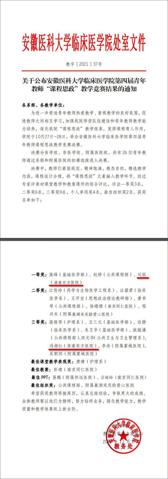  醫(yī)院集團(tuán)婦產(chǎn)科醫(yī)療中心劉麗、心電云診斷中心馮湘紅在安徽醫(yī)科大學(xué)臨床醫(yī)學(xué)院第四屆青年教師教學(xué)決賽中榮獲佳績(jī)
